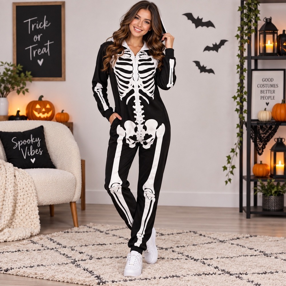 Tipsy Elves Skeleton Costume S Halloween Jumpsuit Hood Mask Zip NWT Cosplay Goth
